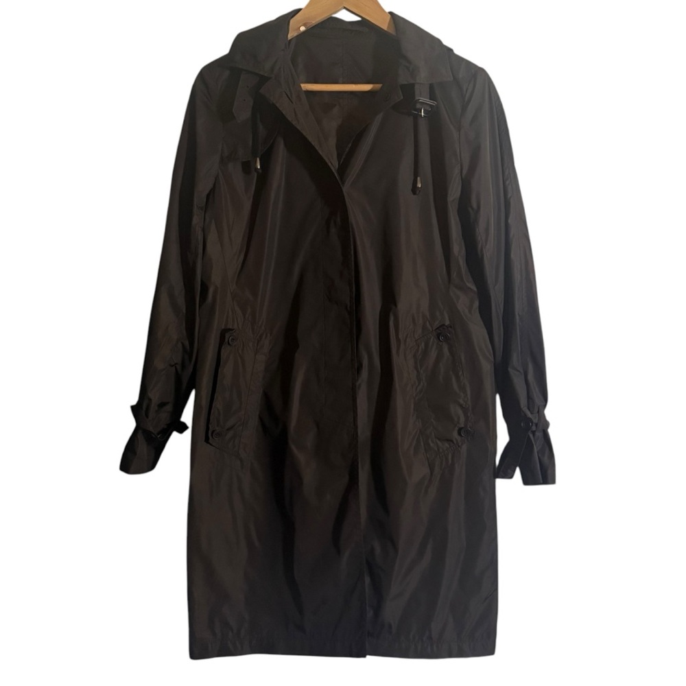 Aquascutum London Brown Long Packable Hooded Rain Coat Womens Size Small